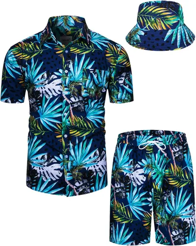 Vista 56 de TUNEVUSE Conjunto de camisas y pantalones cortos hawaianos para hombre, 2 piezas, trajes de playa con estampado de flores, traje tropical de verano
