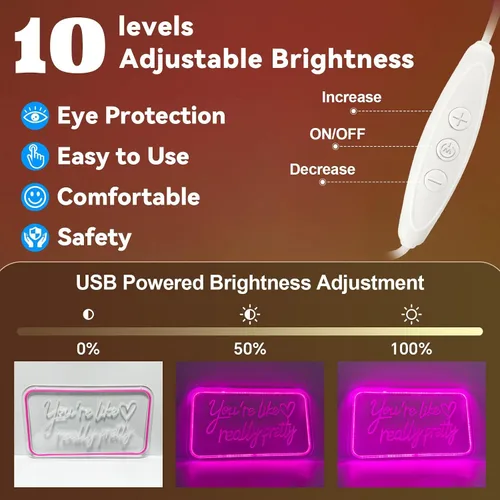 Vista 4 de Letrero de neón con texto en inglés "You're Like Really Pretty Neon", luz de neón LED rosa con atenuador y alimentación USB, decoración de pared
