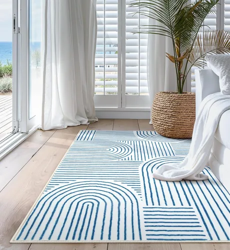Vista 4 de Lahome Alfombras lavables abstractas, alfombra azul de 4 x 6 pies para dormitorio, guardería, suave, antideslizante, moderna, alfombra ultradelgada