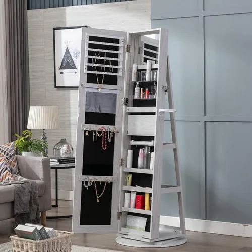 Vista 6 de ANJHOME Armario de joyería con espejo giratorio de 360 armario de joyería con luz LED organizador de armario de joyería con cerradura de pie