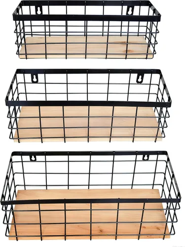 Vista 8 de ShabbyDecor Cesta de alambre de metal desmontable con base de madera, organizador de almacenamiento, cesta colgante para armarios de cocina, baño