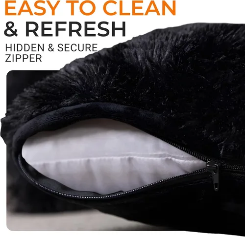 Vista 5 de Cheer Collection Almohadas para sofá y cama, almohadas suaves y peludas con rellenos incluidos, acogedoras almohadas de pelo sintético de pelo Negro