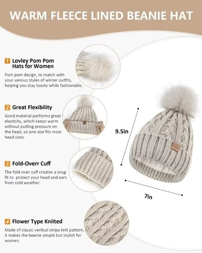 Vista 2 de Conjunto de gorro y bufanda para mujer, gorro de invierno con forro polar con pompones, bufanda de punto larga, guantes para pantalla táctil