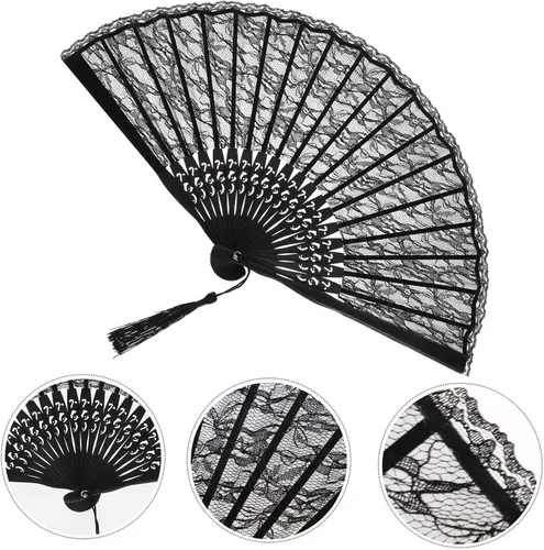 Vista 9 de Lurrose Abanico de mano de encaje elegante negro plegable bordado a mano patrón de flores para bodas, fiestas y eventos de disfraces desplegados
