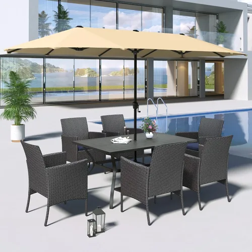 Vista 15 de MFSTUDIO Juego de comedor al aire libre para 4, juegos de comedor de 5 piezas, mesa de patio y sillas para 4 con paraguas, juego de muebles de Beige