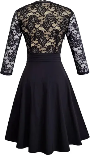 Vista 3 de HOMEYEE A062 - Vestido elegante de fiesta para mujer, escote en V, acampanado, de encaje, patchwork