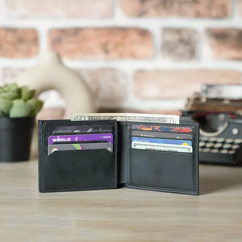 Vista 6 de Customizable Genuine Leather Bifold Wallet, Minimalist Custom Mens Card Holder Wallet (Black)