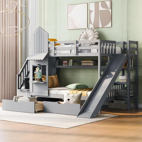 Vista 12 de Cama de Casa Tamaño Twin con Elegantes Ventanas y Estantería, Marco de Litera con Diseño de Castillo de Madera con Barandillas de Seguridad