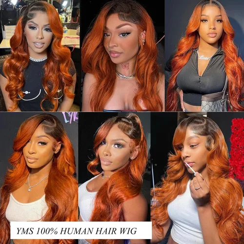 Vista 4 de YMS Pelucas de cabello humano con encaje frontal transparente color naranja degradado, pelucas de cabello humano negro y naranja, densidad del 180%