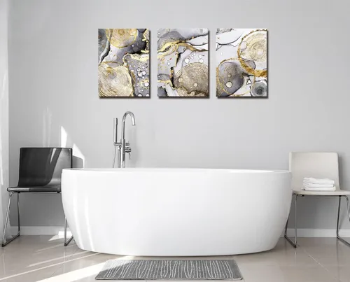 Vista 3 de Arte abstracto dorado para pared, 3 piezas, arte moderno enmarcado en blanco y negro, gris, oro, tinta fluida, anillos anuales, imágenes, lienzo