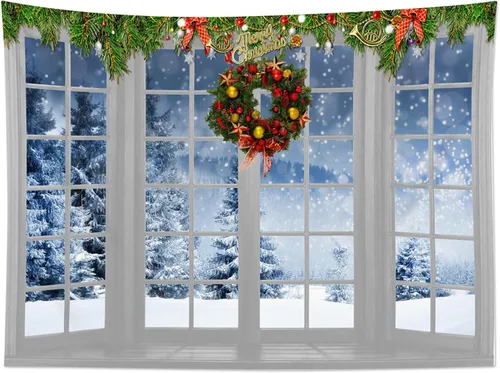 Vista 5 de HVEST Tapiz navideño de invierno para colgar en la pared, bosque de pinos nevados con copo de nieve a través de ventana, tapiz de corona de Navidad