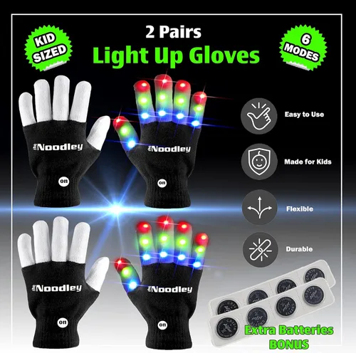 Vista 2 de The Noodley 2 pares de guantes con luz LED para niños, regalos para niños y niñas, juguetes de Navidad brillantes