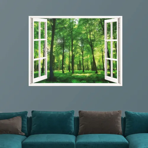 Vista 3 de IDEA4WALL Murales de pared para dormitorio, vista de ventana falsa, bosque, papel tapiz extraíble, calcomanías de pared para despegar y pegar, 24 x