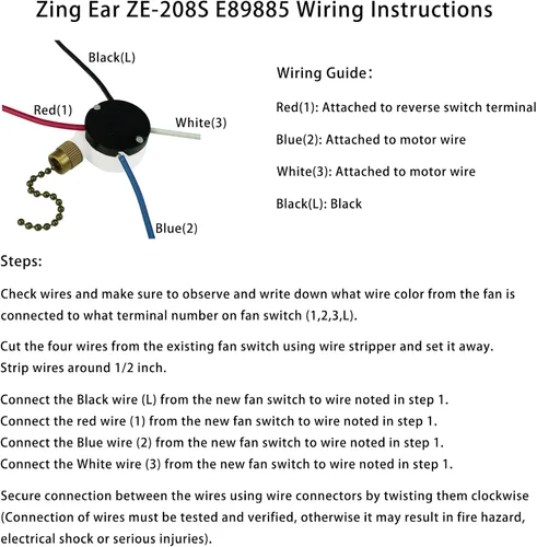 Vista 5 de Interruptor de ventilador de techo Zing Ear ZE-208S E89885 3 Speed 4 Wire Pull Chain con 4 cables preinstalados Reemplazo del interruptor