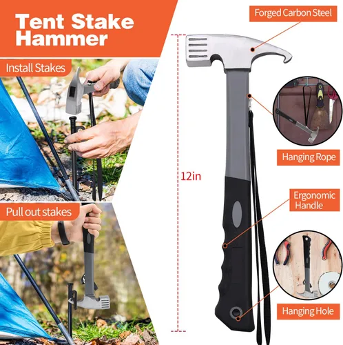 Vista 3 de 16 estacas de acero forjado resistente de 16 pulgadas + martillo de campamento + bolsa de almacenamiento