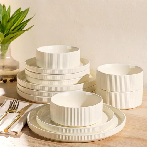 Vista 32 de TheTerra Juego de vajilla de cerámica para 4, juego de 12 platos y cuencos ligeros de porcelana, resistente a los arañazos, apto para horno