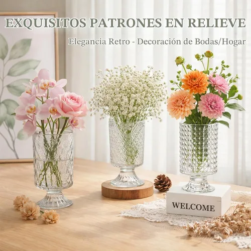 Vista 6 de WRINGKIT Juego de 3 jarrones de cristal en relieve, jarrones de pedestal