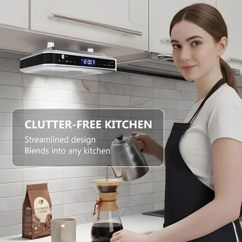 Vista 4 de iLive Radio FM Bluetooth para debajo del gabinete para cocina, estéreo inalámbrico con reloj y temporizador incorporados, 20 preajustes de FM, LCD