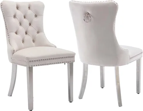 Vista 32 de Juego de 2 sillas de comedor de terciopelo beige, modernas sillas de cocina tapizadas