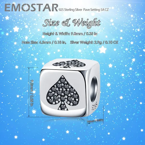 Vista 2 de EMOSTAR Abalorios de número 0-9 en forma de dados y cuentas de póquer, 4 trajes de cuentas, plata de ley 925 con circonita cúbica, se adapta a
