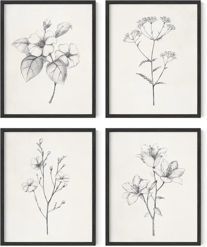 Vista 38 de HAUS AND HUES Arte de pared floral gris, juego de 4 pósteres de plantas para pared vintage, impresiones botánicas, cuadros de flores en blanco