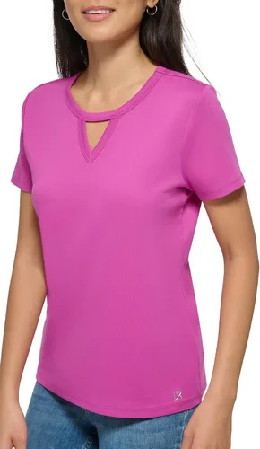 Vista 4 de Calvin Klein Camiseta casual de manga corta con cuello acanalado de 1 x 1 para mujer