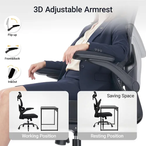 Vista 13 de Silla de oficina ergonómica con reposabrazos abatibles, soporte lumbar ajustable, silla de computadora con respaldo de malla transpirable, sillas