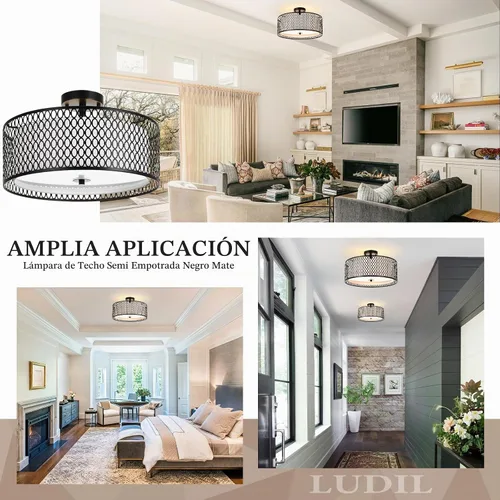 Vista 6 de Lámpara de techo semiempotrada de 17 pulgadas, moderna iluminación de techo E26 de doble tambor de 3 luces con jaula de malla de hierro negro mate