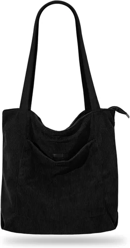 Vista 8 de Bolso de pana Iioscre para mujeres, bolsos hobo con cierre de cremallera, bolsos de hombro casuales de gran capacidad con bolsillos interiores