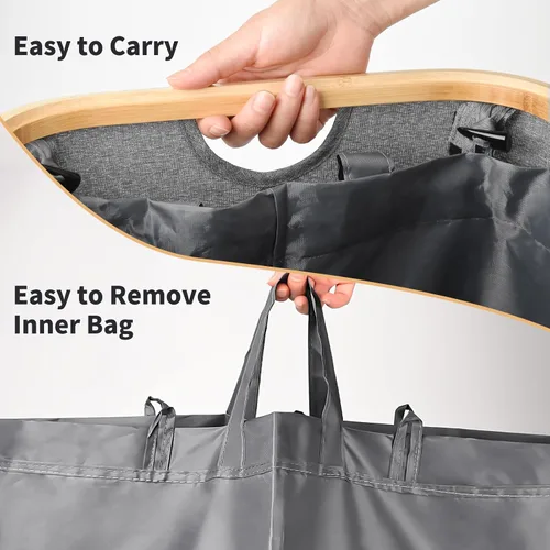 Vista 2 de Cesta de lavandería de 100 litros con tapa, cesta para la ropa sucia con asas de bambú y bolsa interior extraíble, cestas de ropa para lavandería