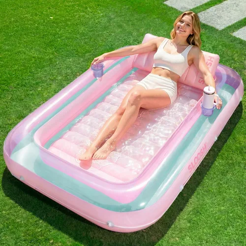 Vista 16 de SLOOSH Flotador inflable, camastro para adultos, con almohada, 178 x 117 cm, 4 en 1: balsa-tina bronceadora, camastro para tomar el sol, fiestas Azul