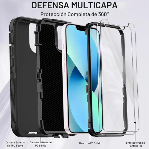Vista 2 de Funda para iPhone 13 Mini con 2 protectores de pantalla, protección contra caídas a prueba de golpes, cuerpo completo, resistente, 3 capas, militar