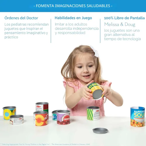 Vista 3 de Melissa & Doug, ¡Juguemos a la casa! Accesorios de cocina, Latas de comida, 10 latas apilables con tapas extraíbles Latas de comestibles