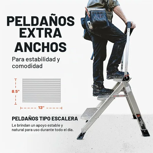 Vista 2 de Escaleras Little Giant Jumbo Step, taburete plegable de 3 pasos, 2.2 pies de aluminio, con plataforma, pasamanos y bandeja para herramientas