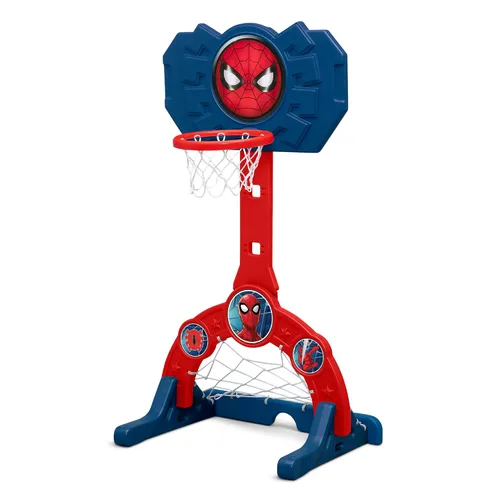 Vista 10 de Delta Children Marvel Spider Man Centro Deportivo 4 en 1 – Aro de Baloncesto Ajustable Easy Score, Red de Fútbol/Hockey y Juego de Golf, Rojo/Azul
