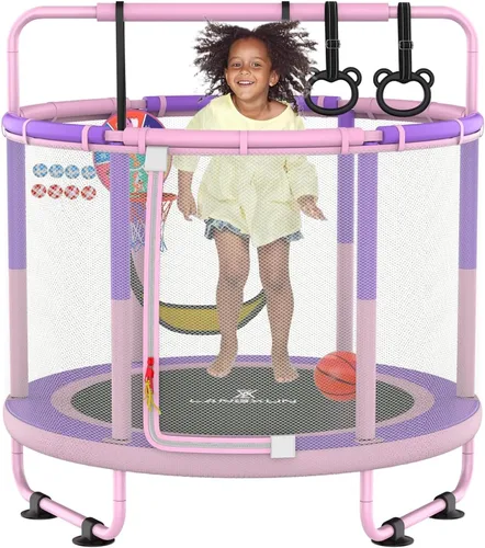 Vista 8 de LANGXUN 5ft 6-in-1 Kids Trampoline, Mini Toddler Trampoline for Girls Boys Azul Amarillo
