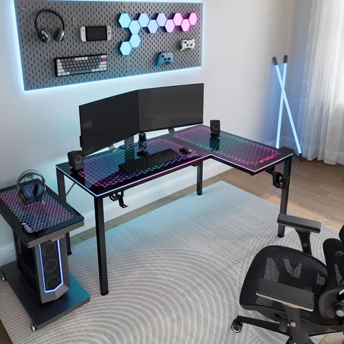 Vista 2 de EUREKA ERGONOMIC Escritorio de Juegos en Forma de L Reversible de 60 Pulgadas de Vidrio Negro con Luces LED RGB, Mesa de Computadora para Oficina