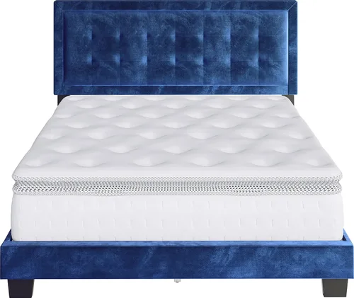 Vista 7 de Boyd Sleep Pisa - Base de cama de terciopelo azul tamaño Queen totalmente tapizada con cabecero ajustable, no requiere somier, fácil montaje, sin