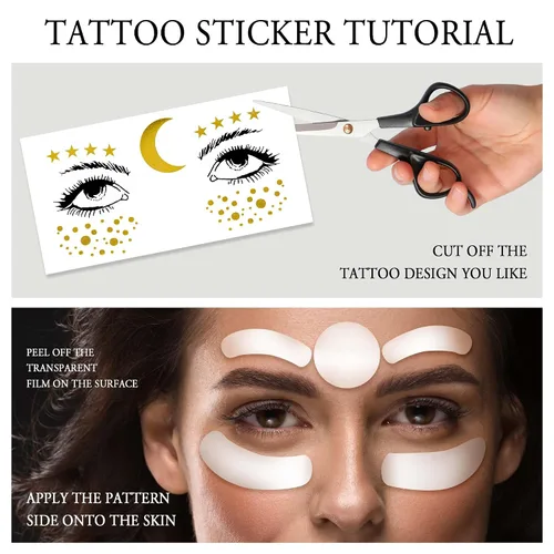 Vista 3 de 1 hoja de tatuajes faciales temporales metálicos dorados, luna celestial, estrella, pecas sintéticas, calcomanías de maquillaje, impermeables