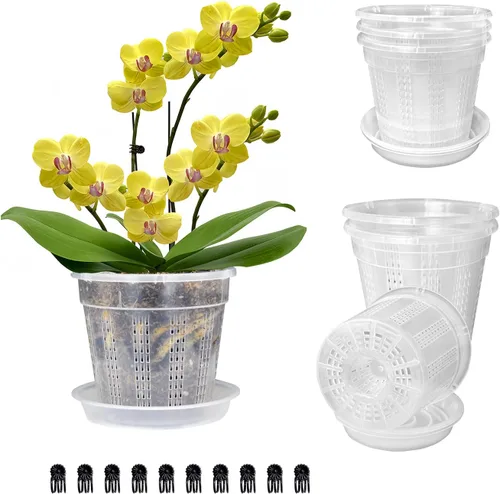 Vista 12 de Maceta de orquídeas con platillos, 4 de cada una de 4.3" y 5.5" macetas de orquídeas con agujeros, 8 piezas de macetas de plástico transparente