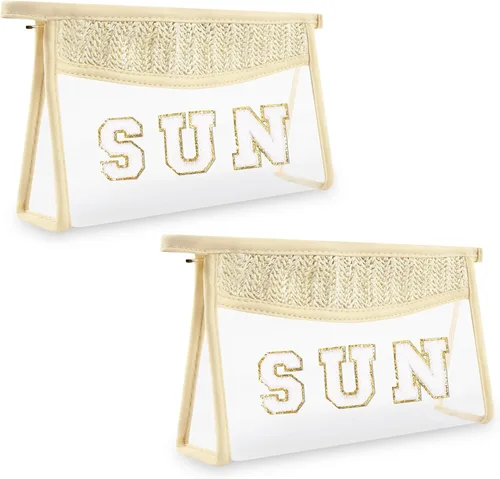 Vista 22 de Iqimott 2 bolsas de maquillaje con parches transparentes, bolsa de letras boho para nadar en la playa, bolsas de maquillaje impermeables