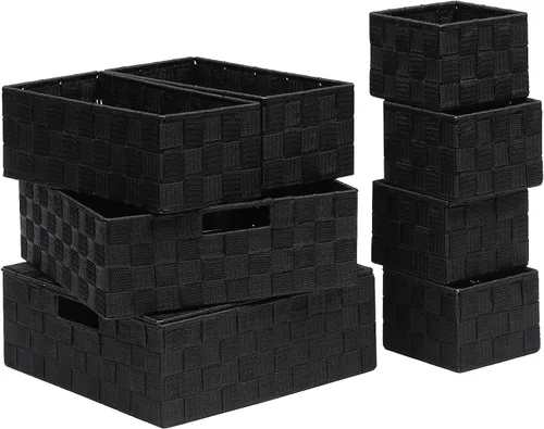 Vista 13 de Juego de 4 cestas de almacenamiento tejidas de polipropileno con marco de metal, cajas de tela apilables para cajones, armario, estante, guardería