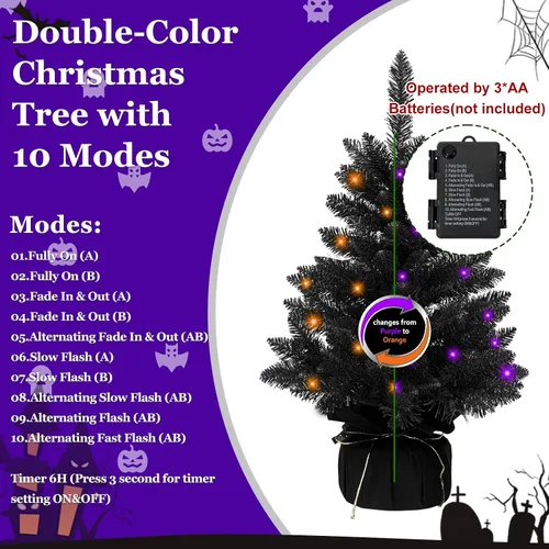 Vista 7 de Árbol de Halloween negro de 2 pies con luces, 50 LED multicolor preiluminado, mini árbol de Navidad artificial morado, árbol de Halloween