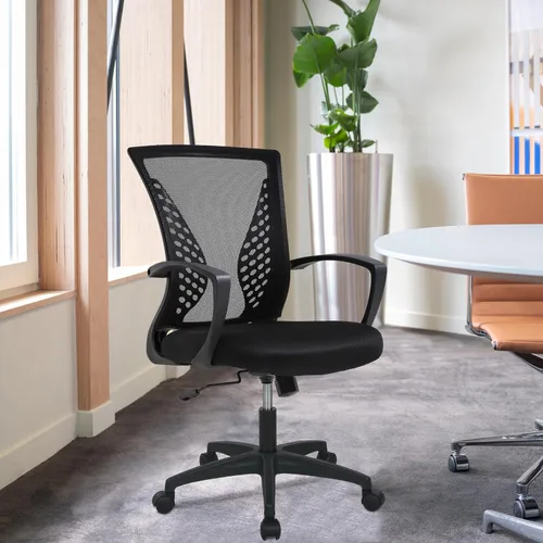 Vista 2 de Silla de oficina FDW para el hogar, con respaldo de altura media, para computadora, con soporte lumbar giratorio, ajustable, para trabajo, Negro