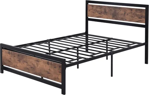 Vista 5 de Majnesvon Base de cama resistente de tamaño matrimonial con cabecera de madera moderna, plataforma de metal con marco de hierro esmerilado