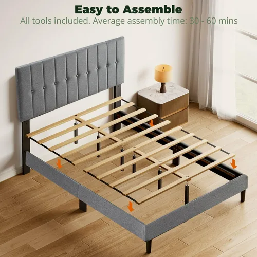 Vista 6 de Base de cama individual con cabecera de tela tapizada, fácil montaje, soporte de listones de madera, cabecera ajustable, no necesita somier, sin