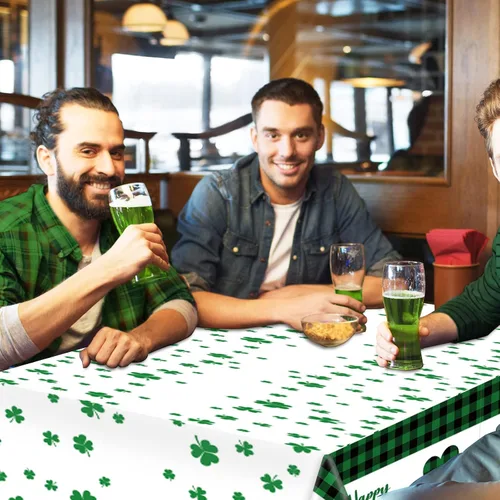 Vista 5 de Whaline 3 manteles desechables para el día de San Patricio, color verde y negro, a cuadros, trébol, trébol, rectangular, de plástico, mantel