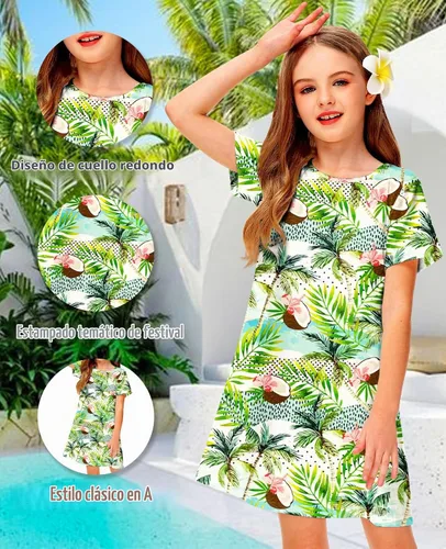 Vista 4 de Deerose Kids Summer Short Sleeve Dresses Hawaiian Tshirt Sundress 3-14 Years Coconut trees