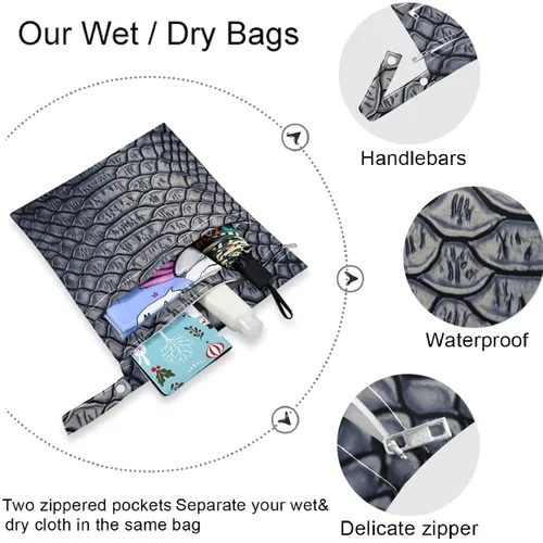 Vista 5 de 2 bolsas húmedas con estampado 3D de piel de serpiente con bolsillos con cremallera, lavable, reutilizable, espaciosa, bolsa de pañales para viajes