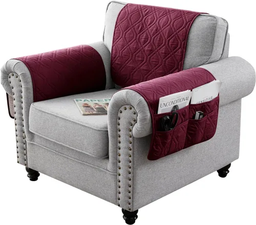 Vista 11 de Juego de 3 fundas impermeables para sofá reclinable, funda para reposabrazos y reposacabezas con 6 bolsillos de almacenamiento, protector acolchado